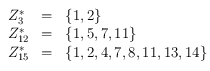 
\begin{array}{lcl}
\mathbb{Z}^*_{3}& = &\{1, 2\} \\
\mathbb{Z}^*_{12}& = &\{1, 5, 7, 11\} \\
\mathbb{Z}^*_{15}& = &\{1, 2, 4, 7, 8, 11, 13, 14\}
\end{array}
